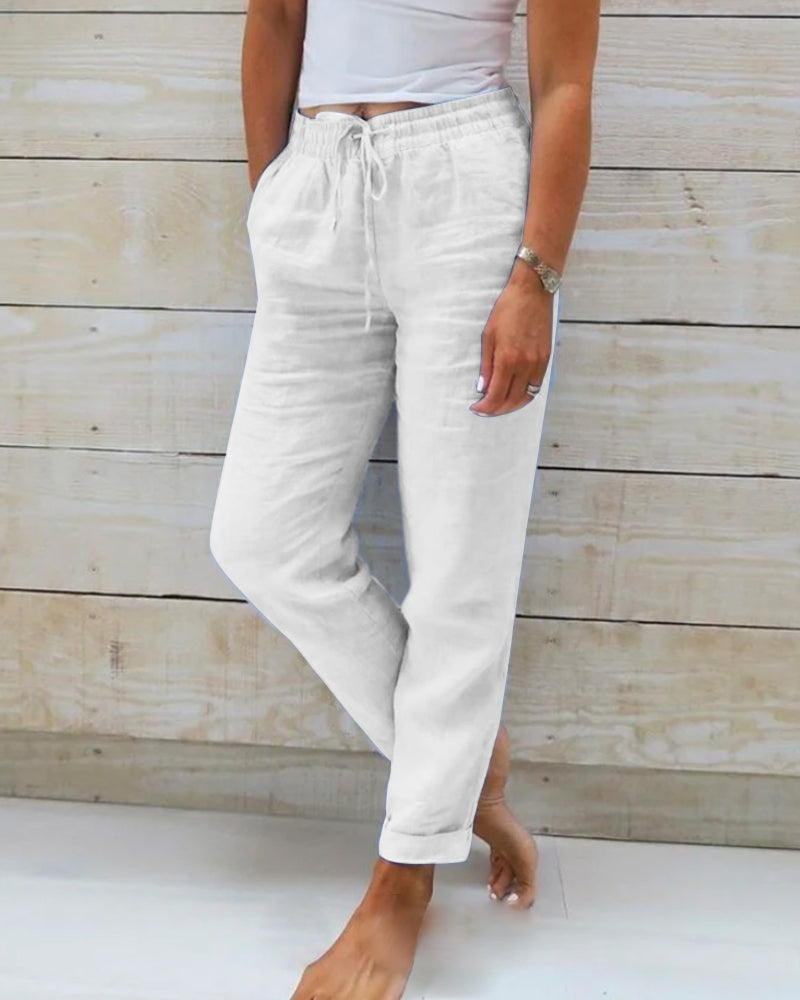 Women's Elastic Waist Cotton Linen Wide Leg Pants