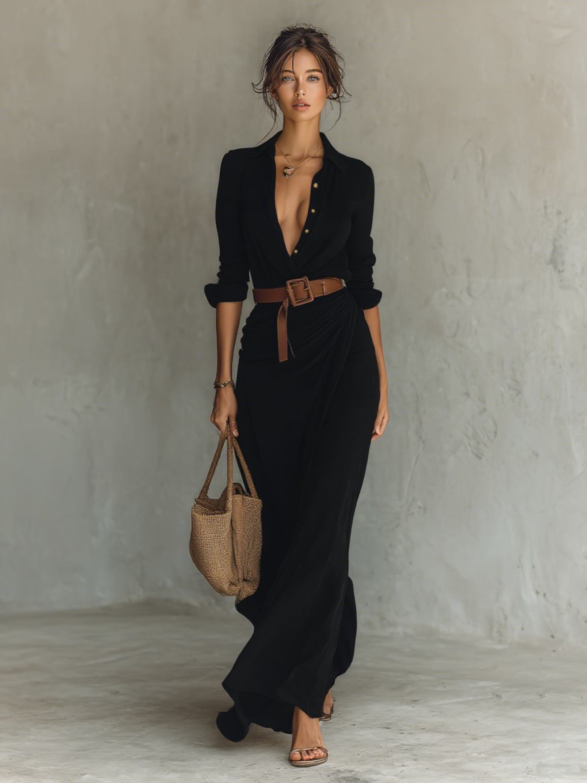 Ladies Lapel Single Breasted Long Sleeve Maxi Dress