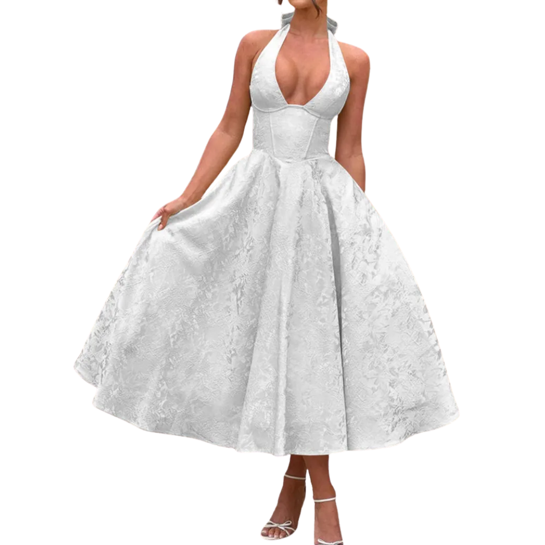 VIOLAINE™ – Embroidered Halter V-Neck Evening Dress