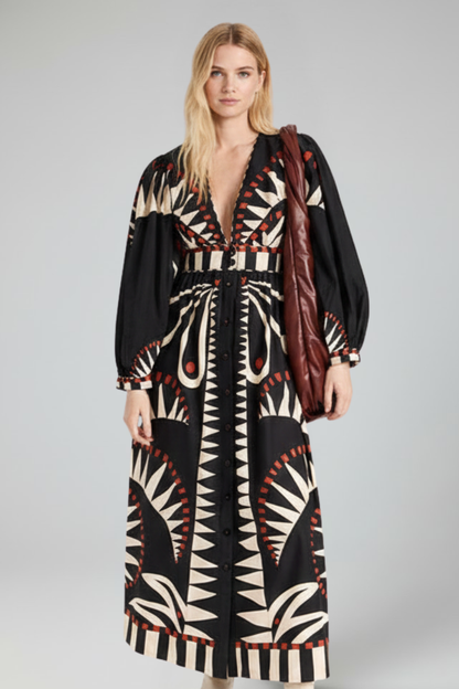 Penelope | Women’s Long Sleeve Printed Maxi Dress with V-Neck