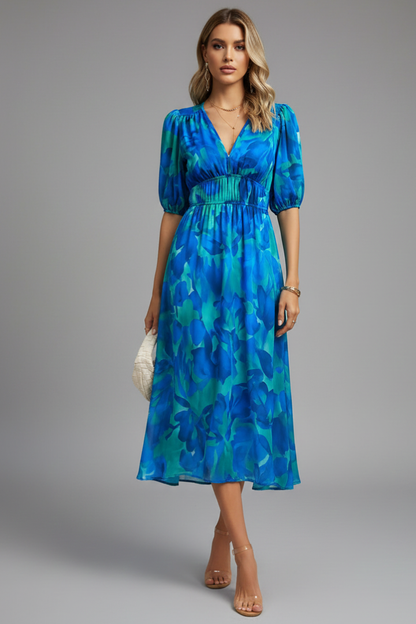 Bianca | Women’s Floral Puff Sleeve V-Neck Midi Dress