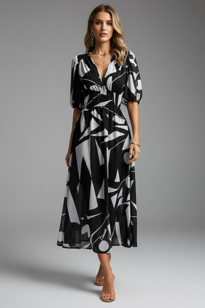 Bianca | Women’s Floral Puff Sleeve V-Neck Midi Dress