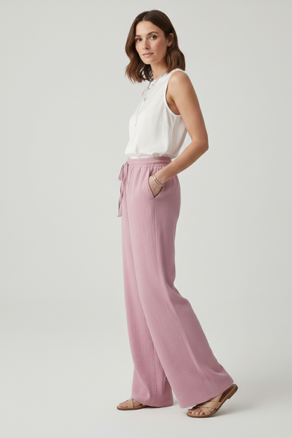 Caroline | Women’s Casual Palazzo Trousers with Drawstring Waist and Side Pockets